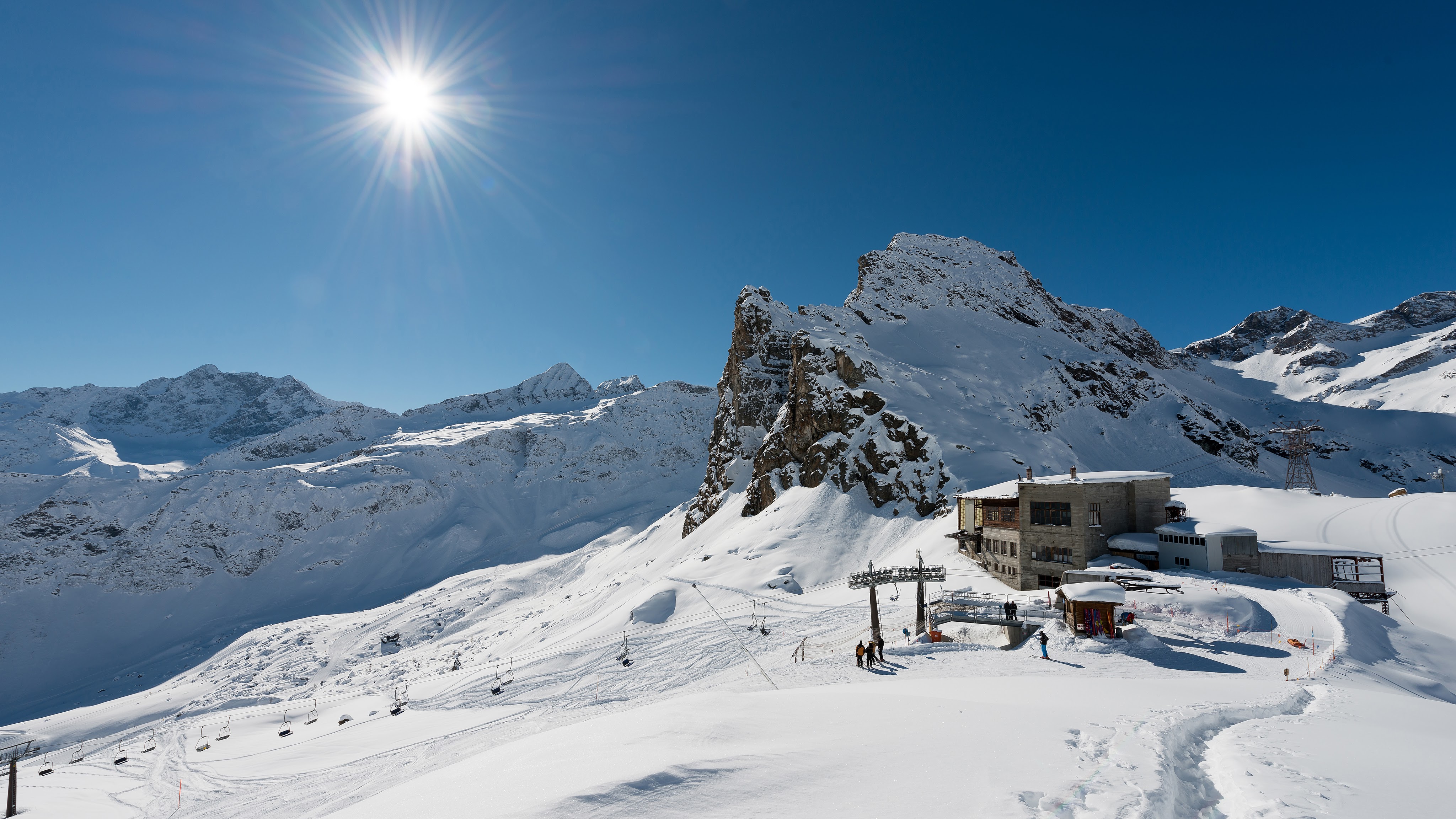 Alagna Valsesia ski resort in Monte Rosa, Piedmont, Italy - panoramic view of ski slopes and mountain facilities