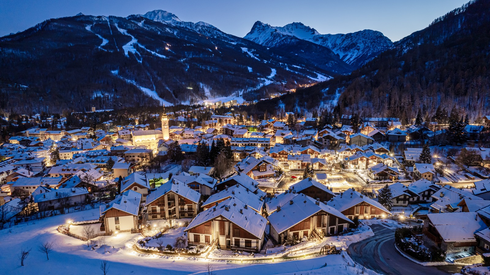 Bardonecchia ski resort in Piedmont, Italy - panoramic view of ski slopes and mountain facilities