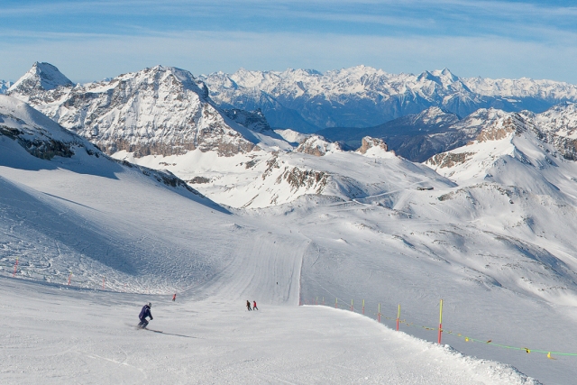Breuil-Cervinia ski resort in Valle d Aosta, Italy - panoramic view of ski slopes and mountain facilities