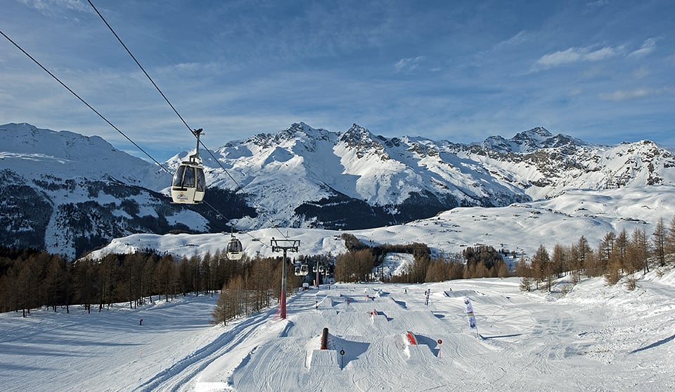 Madesimo ski resort in Lombardy, Italy - panoramic view of ski slopes and mountain facilities