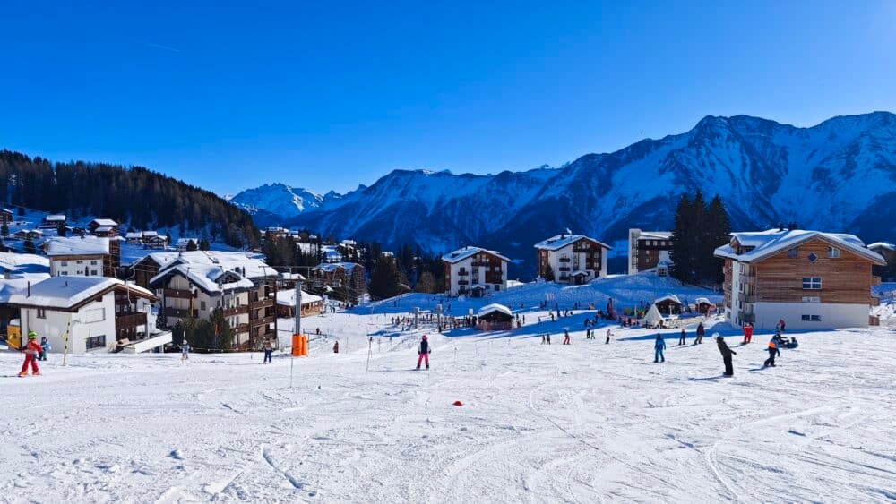 Aletsch Arena ski resort in Riederalp-Bettmeralp, Valais, Switzerland - panoramic view of ski slopes and mountain facilities