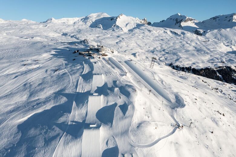 Flims Laax Falera ski resort in Graubünden, Switzerland - panoramic view of ski slopes and mountain facilities