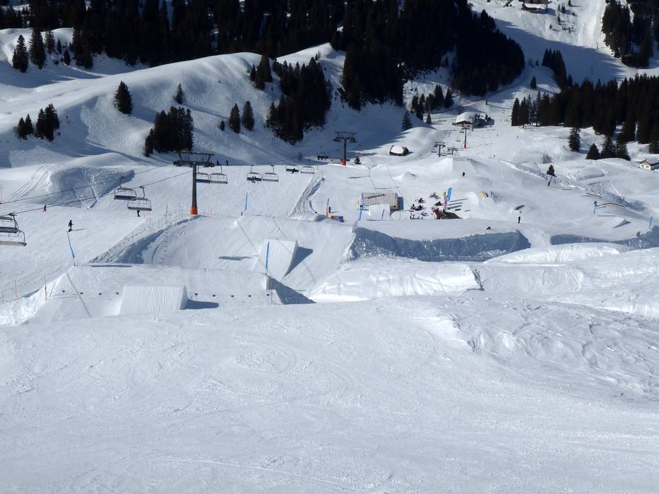 Hoch-Ybrig ski resort in Schwyz, Switzerland - panoramic view of ski slopes and mountain facilities