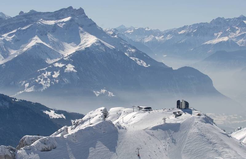 Leysin ski resort in Vaud, Switzerland - panoramic view of ski slopes and mountain facilities
