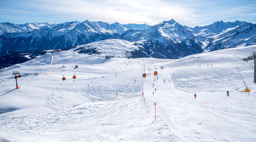 Zillertal Arena ski resort in Zillertal Valley, Tyrol, Austria - panoramic view of ski slopes and mountain facilities