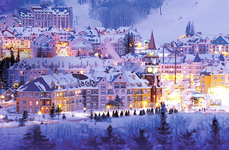 Tremblant ski resort in Mont-Tremblant, Quebec, Canada - panoramic view of ski slopes and mountain facilities