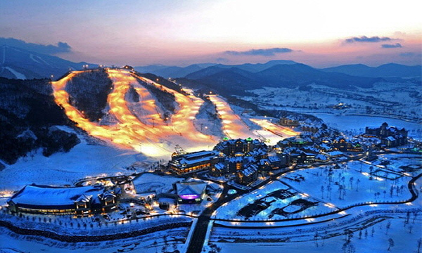 Alpensia ski resort in Pyeongchang, Gangwon, South Korea - panoramic view of ski slopes and mountain facilities