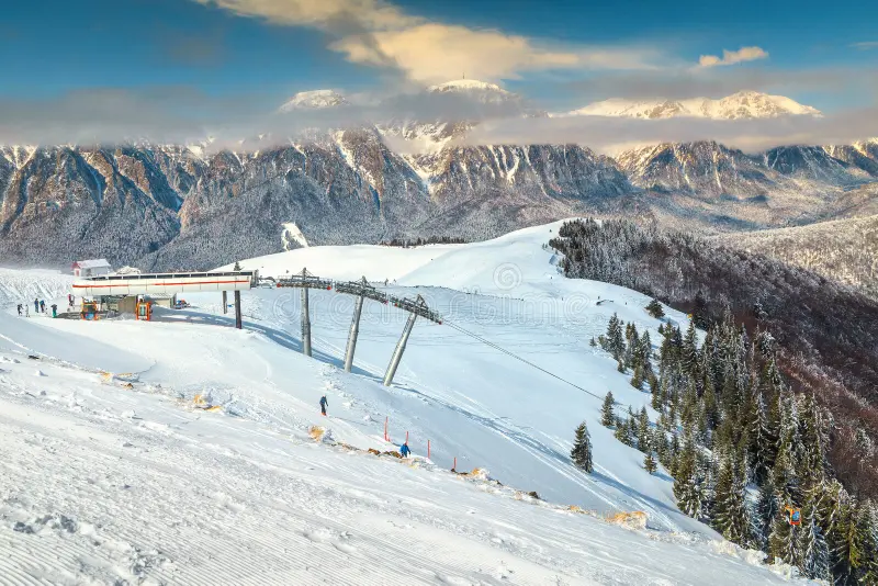 Azuga ski resort in Prahova Valley, Romania - panoramic view of ski slopes and mountain facilities