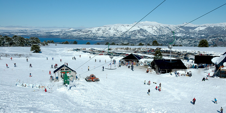Batea Mahuida ski resort in Neuquén, Argentina - panoramic view of ski slopes and mountain facilities