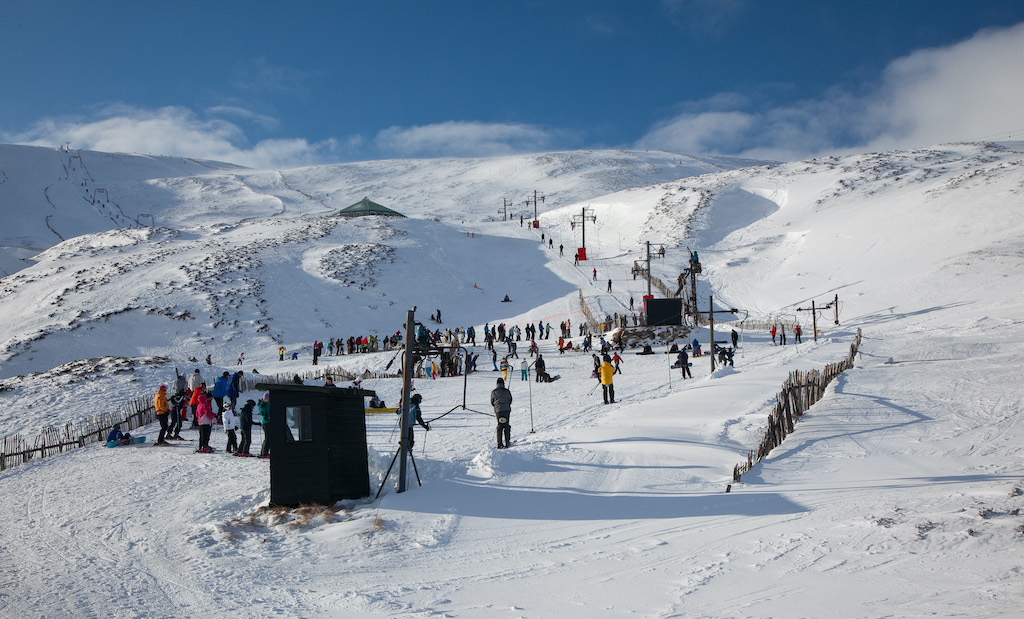 Cairngorm Mountain ski resort in Highlands, Scotland - panoramic view of ski slopes and mountain facilities