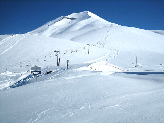 Corralco ski resort in Araucanía Region, Chile - panoramic view of ski slopes and mountain facilities
