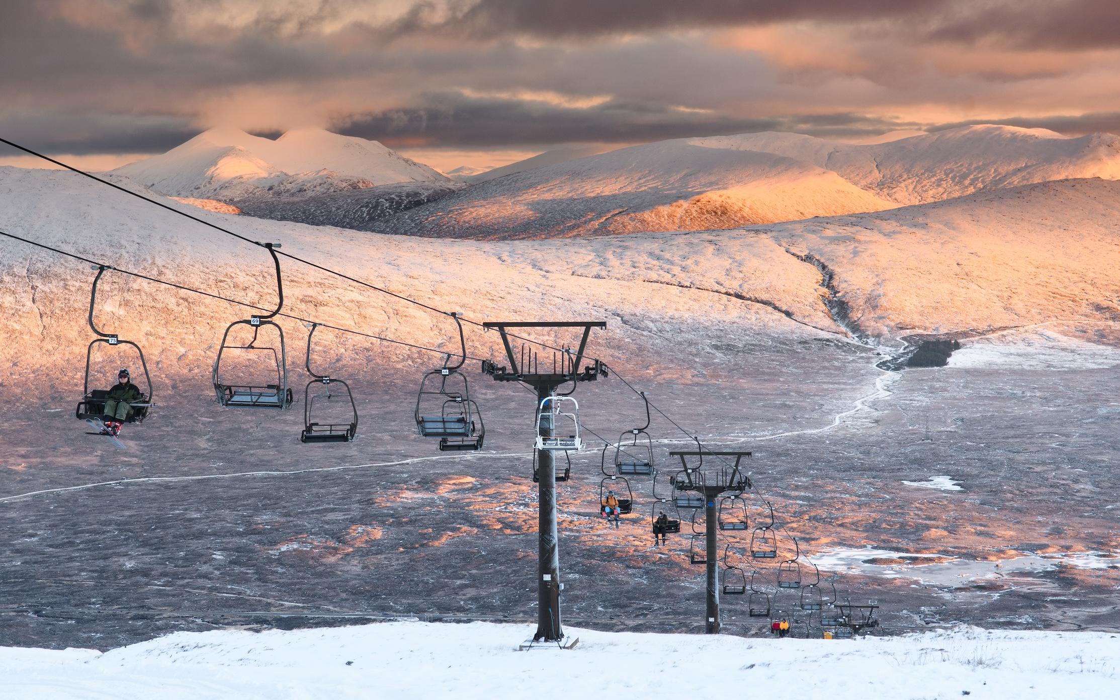 Glencoe Mountain ski resort in Highlands, Scotland - panoramic view of ski slopes and mountain facilities