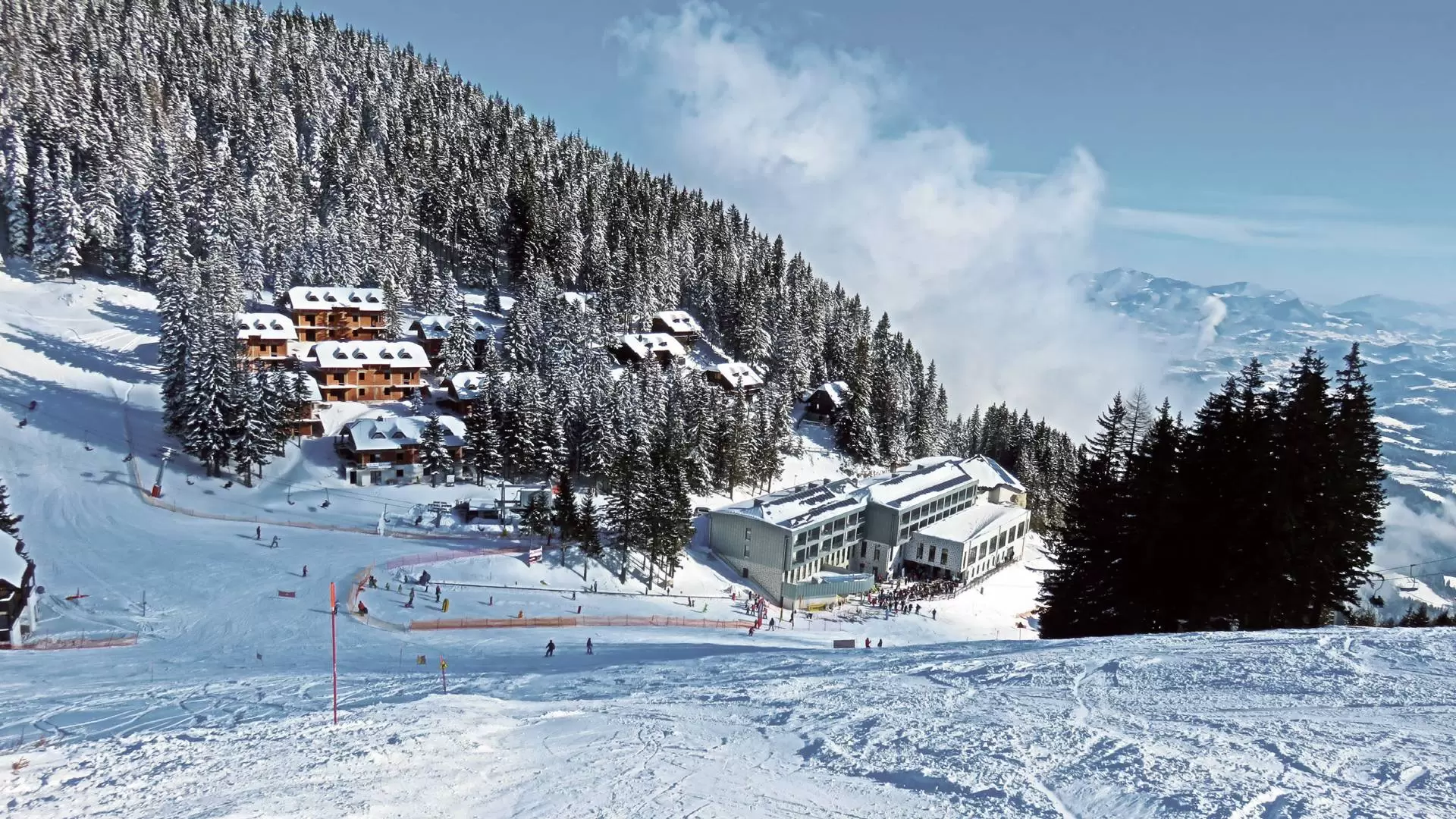 Golte ski resort in Savinjska Region, Slovenia - panoramic view of ski slopes and mountain facilities