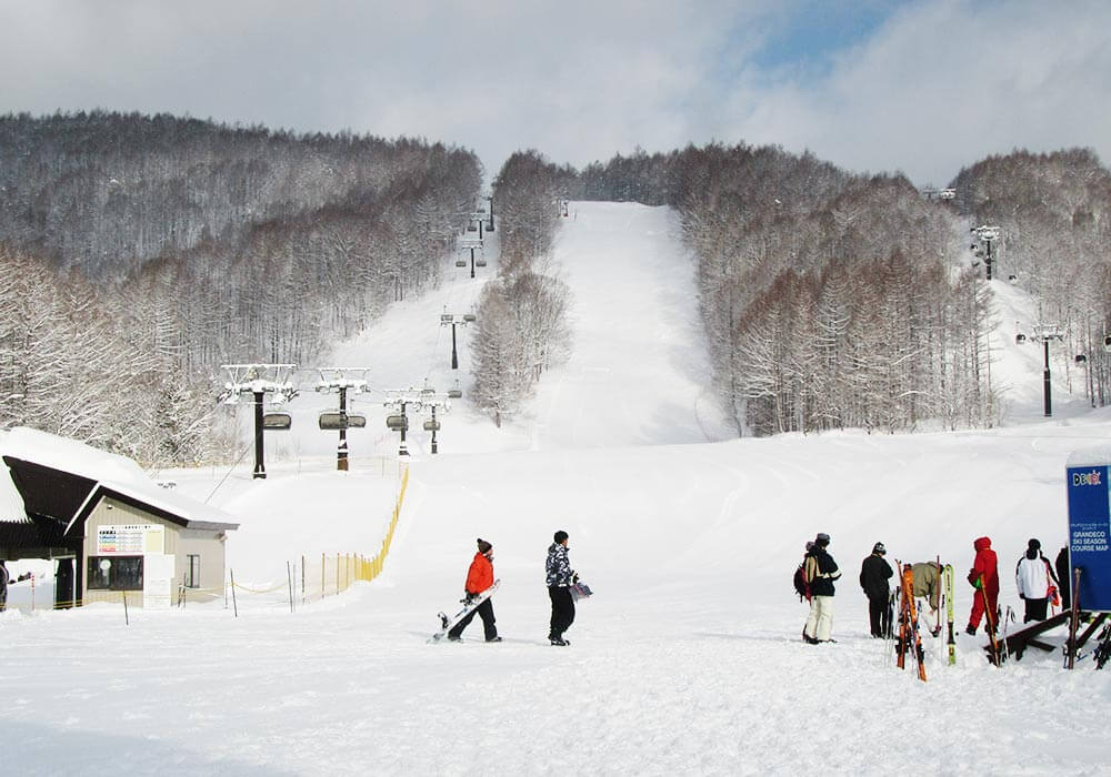 Grandeco ski resort in Fukushima Prefecture, Japan - panoramic view of ski slopes and mountain facilities