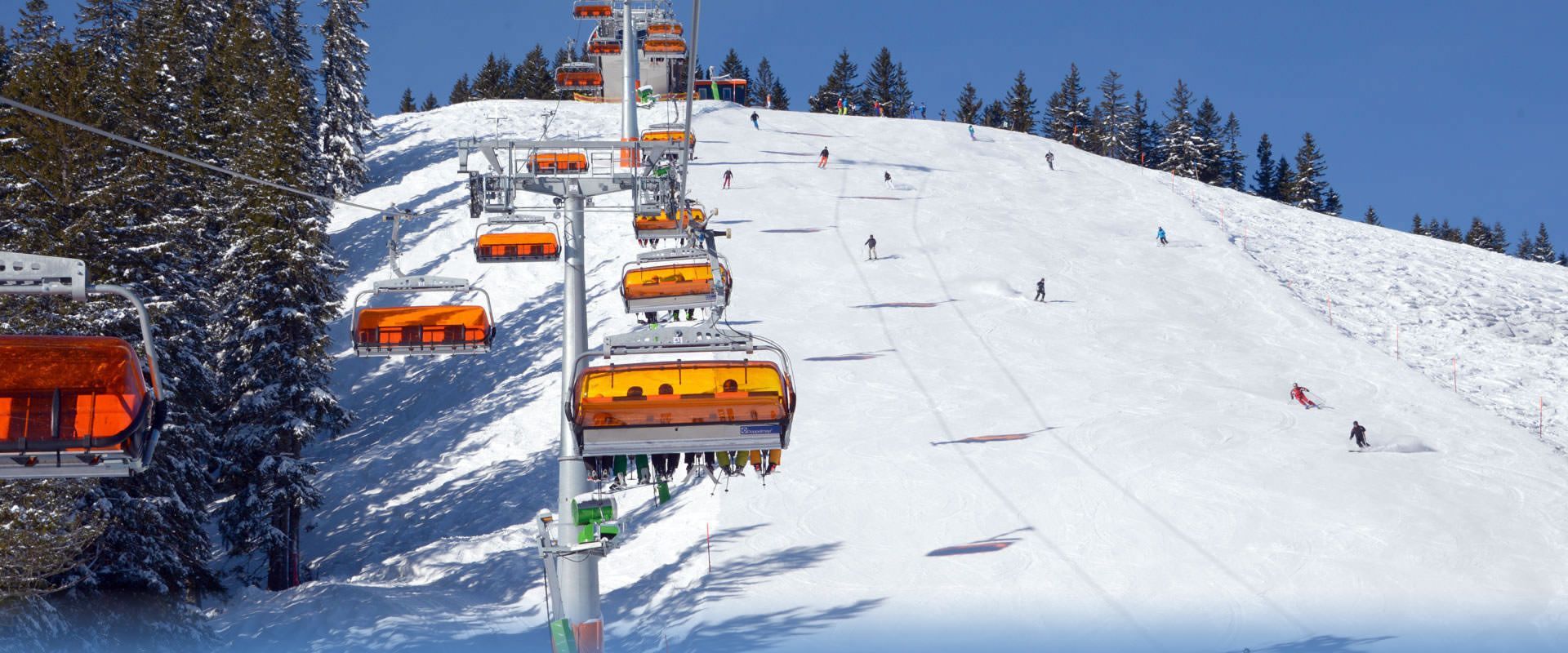 Hörnerbahn ski resort in Bolsterlang, Allgäu, Bavaria, Germany - panoramic view of ski slopes and mountain facilities