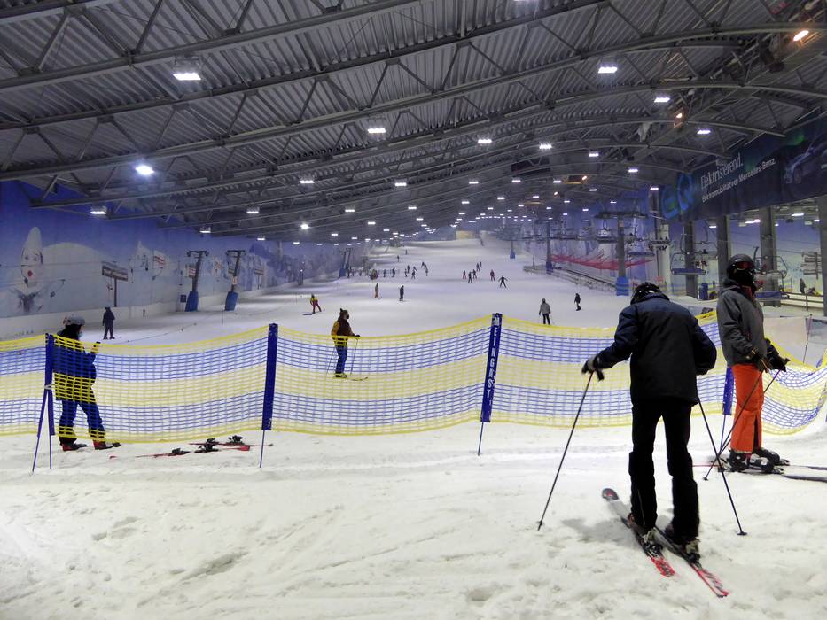 Jever Fun Skihalle Neuss ski resort in Neuss, Germany - panoramic view of ski slopes and mountain facilities