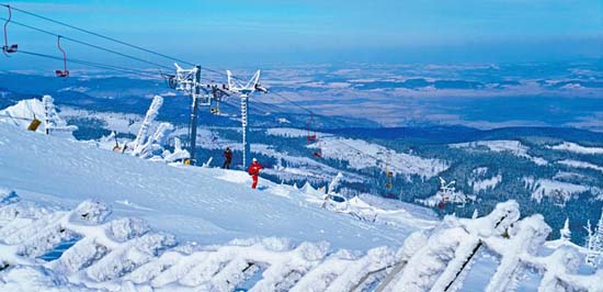 Karpacz ski resort in Lower Silesia, Poland - panoramic view of ski slopes and mountain facilities