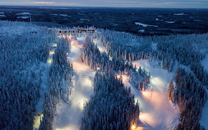 Koli ski resort in North Karelia, Finland - panoramic view of ski slopes and mountain facilities