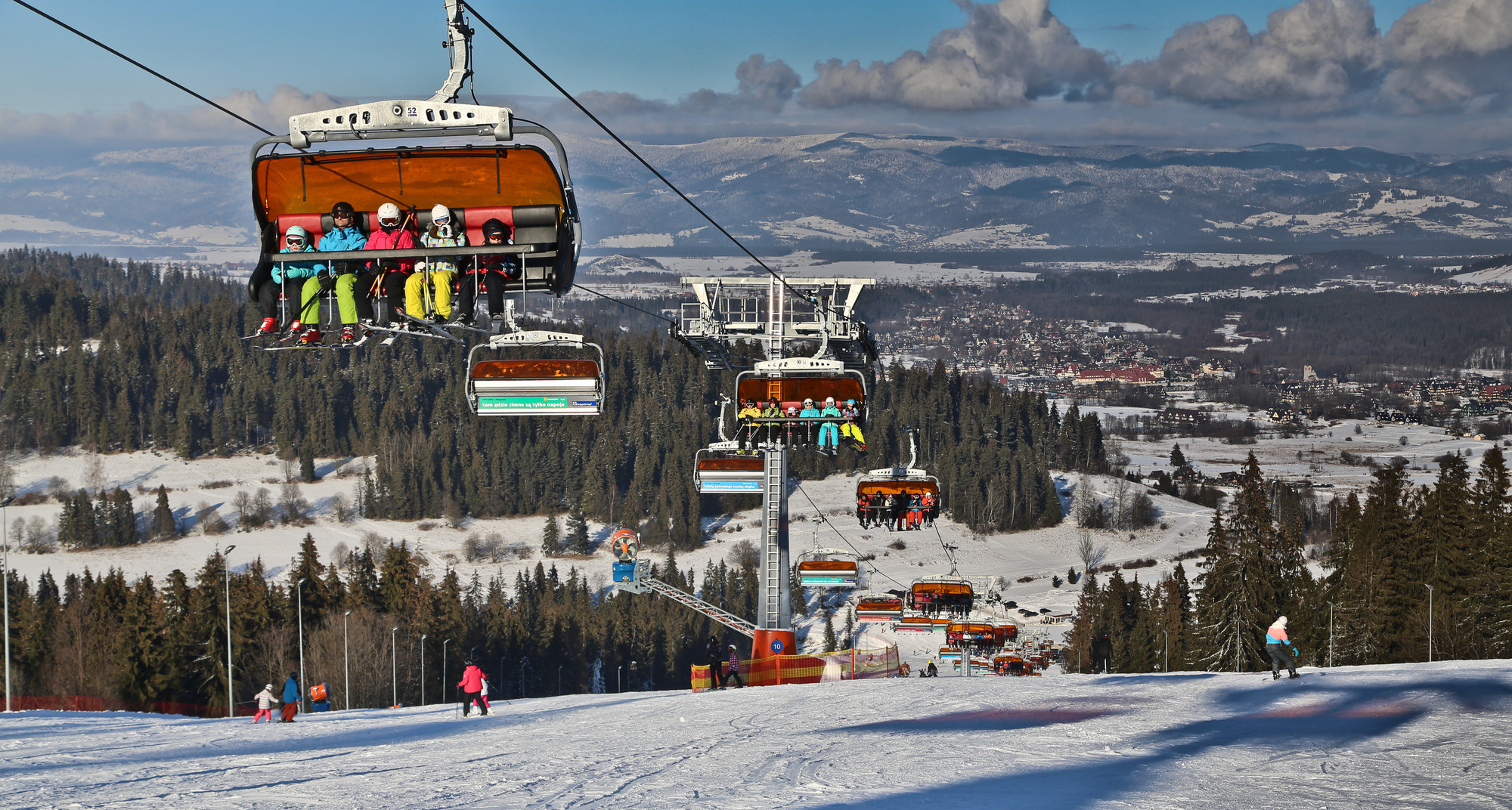 Kotelnica Białczańska ski resort in Tatra Mountains, Poland - panoramic view of ski slopes and mountain facilities