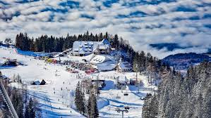 Krvavec ski resort in Upper Carniola, Slovenia - panoramic view of ski slopes and mountain facilities