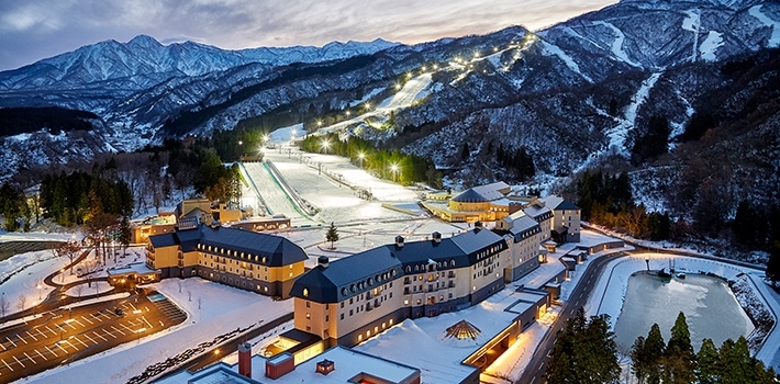 Lotte Arai ski resort in Niigata Prefecture, Japan - panoramic view of ski slopes and mountain facilities