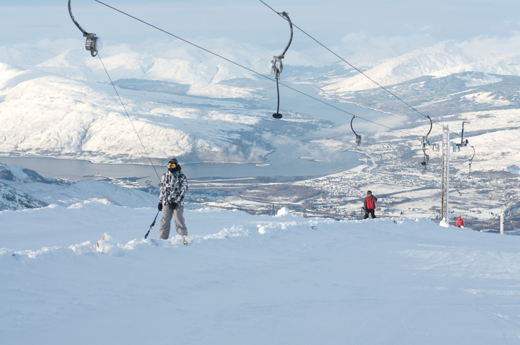 Nevis Range ski resort in Highlands, Scotland - panoramic view of ski slopes and mountain facilities