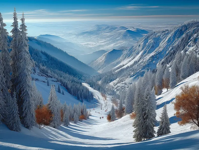 Păltiniș ski resort in Sibiu County, Romania - panoramic view of ski slopes and mountain facilities