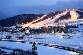 Phoenix Pyeongchang ski resort in Pyeongchang, South Korea - panoramic view of ski slopes and mountain facilities