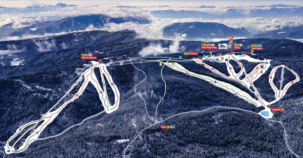 Rogla ski resort in Pohorje Mountains, Slovenia - panoramic view of ski slopes and mountain facilities