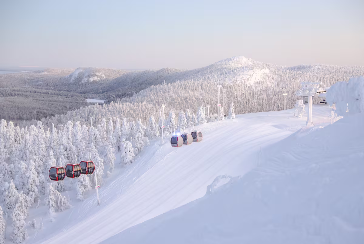 Ruka ski resort in Kuusamo, Northern Finland, Finland - panoramic view of ski slopes and mountain facilities