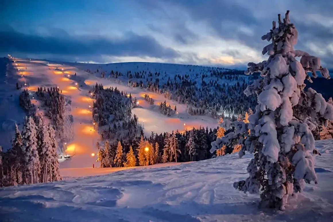 Saariselkä ski resort in Inari, Finnish Lapland, Finland - panoramic view of ski slopes and mountain facilities