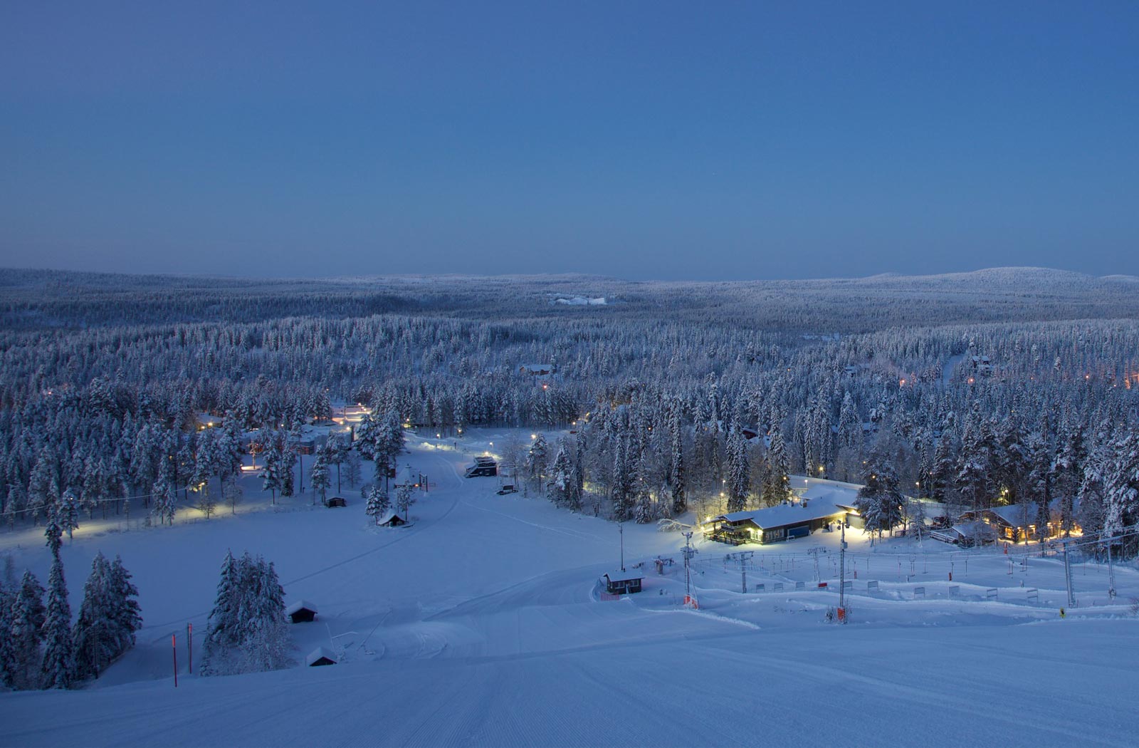 Salla ski resort in Lapland, Finland - panoramic view of ski slopes and mountain facilities