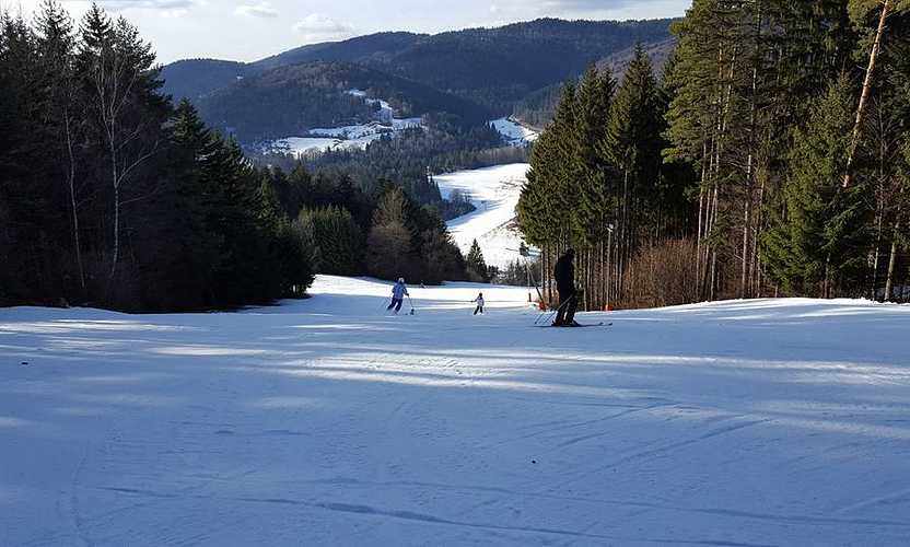 Ski Čertov ski resort in Trenčín, Slovakia - panoramic view of ski slopes and mountain facilities