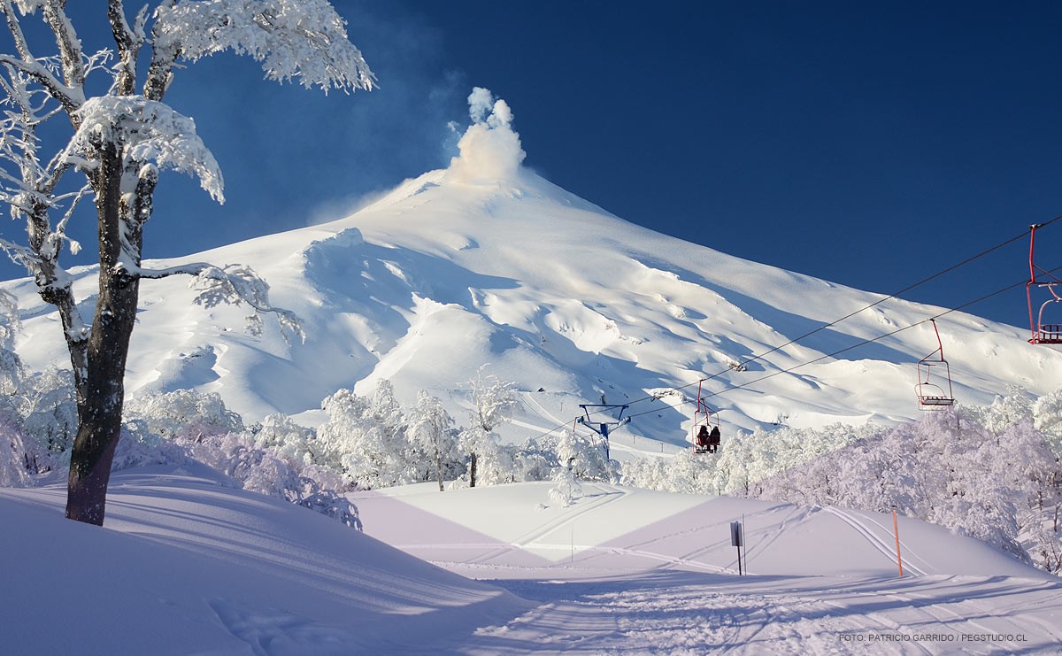 Ski Pucón ski resort in Araucanía, Chile - panoramic view of ski slopes and mountain facilities