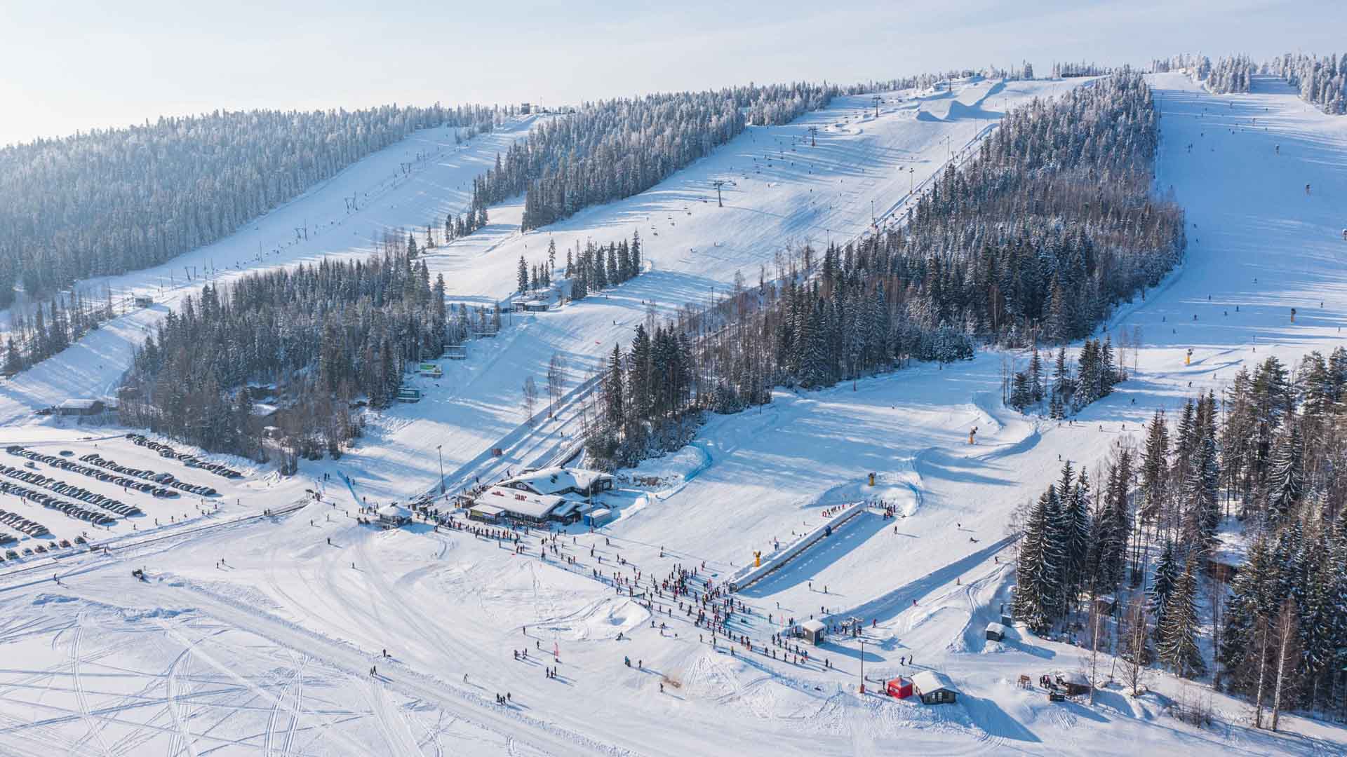 Tahko ski resort in Nilsiä, Eastern Finland, Finland - panoramic view of ski slopes and mountain facilities