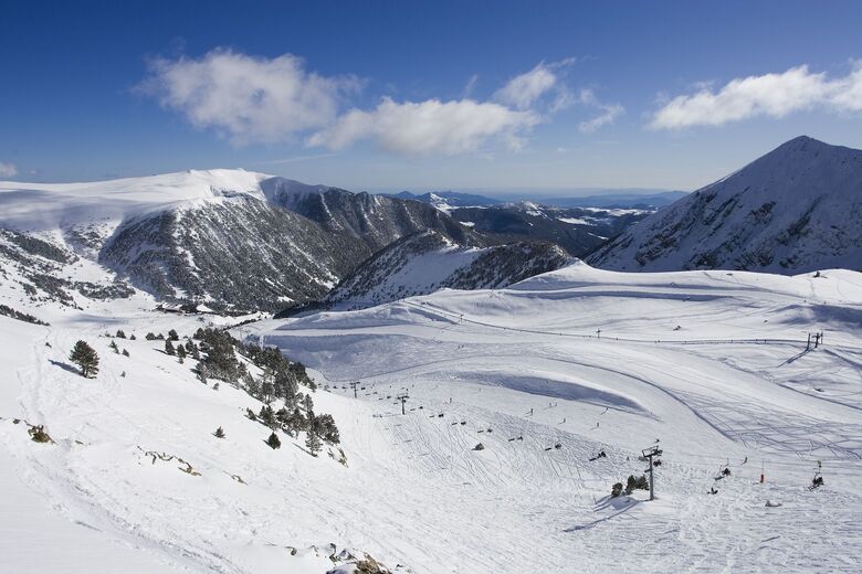 Vallter 2000 ski resort in Ripollès, Catalonia, Spain - panoramic view of ski slopes and mountain facilities