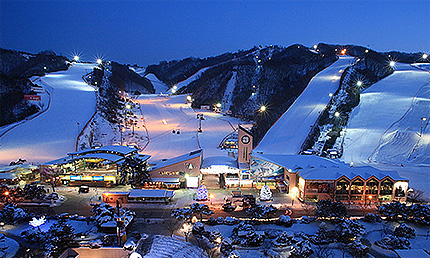 Vivaldi Park ski resort in Hongcheon, South Korea - panoramic view of ski slopes and mountain facilities
