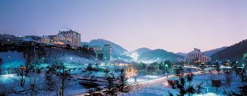 Yongpyong Resort ski resort in Pyeongchang, South Korea - panoramic view of ski slopes and mountain facilities