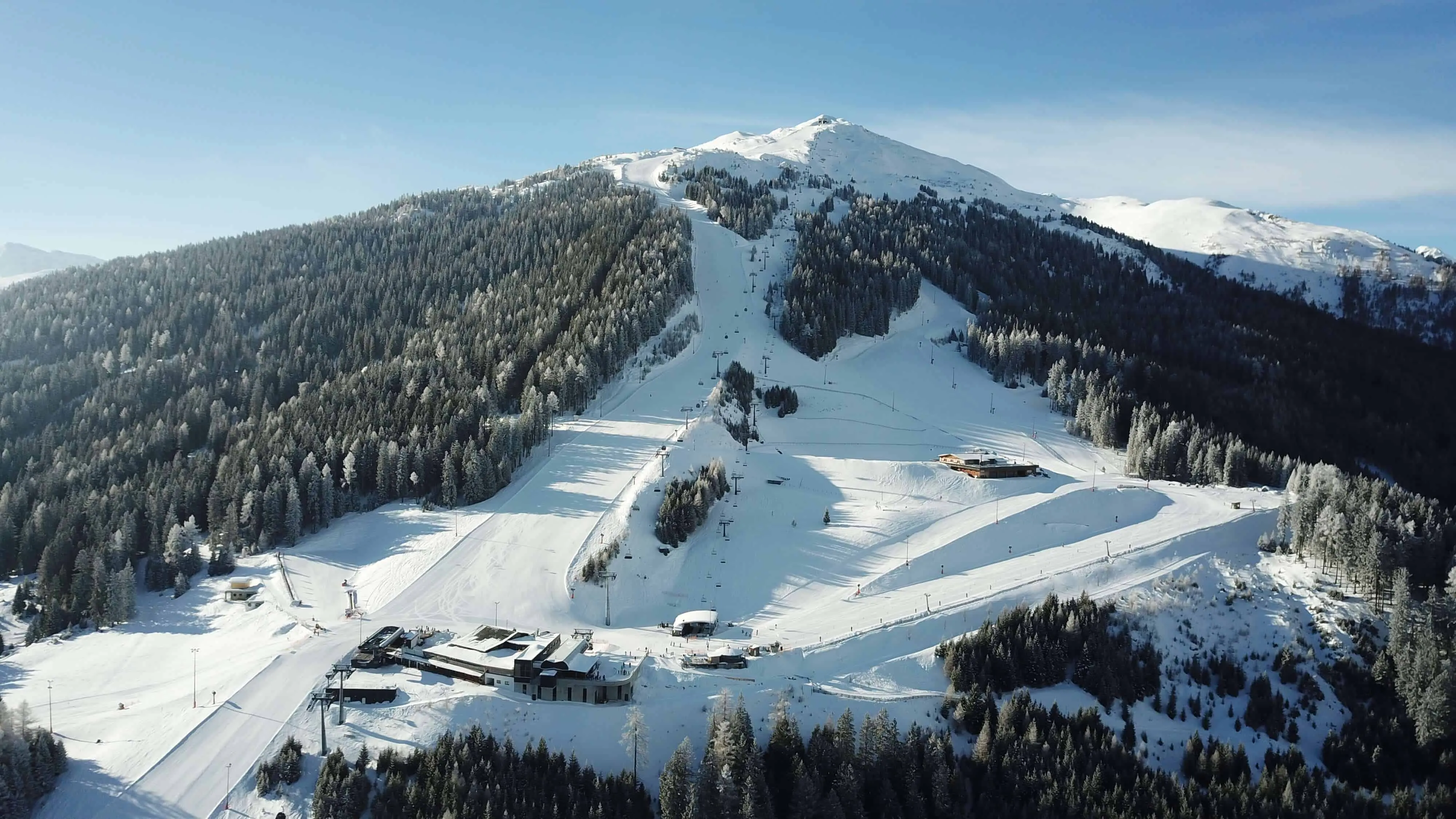 Bergeralm Steinach ski resort in Tirol, Austria - panoramic view of ski slopes and mountain facilities