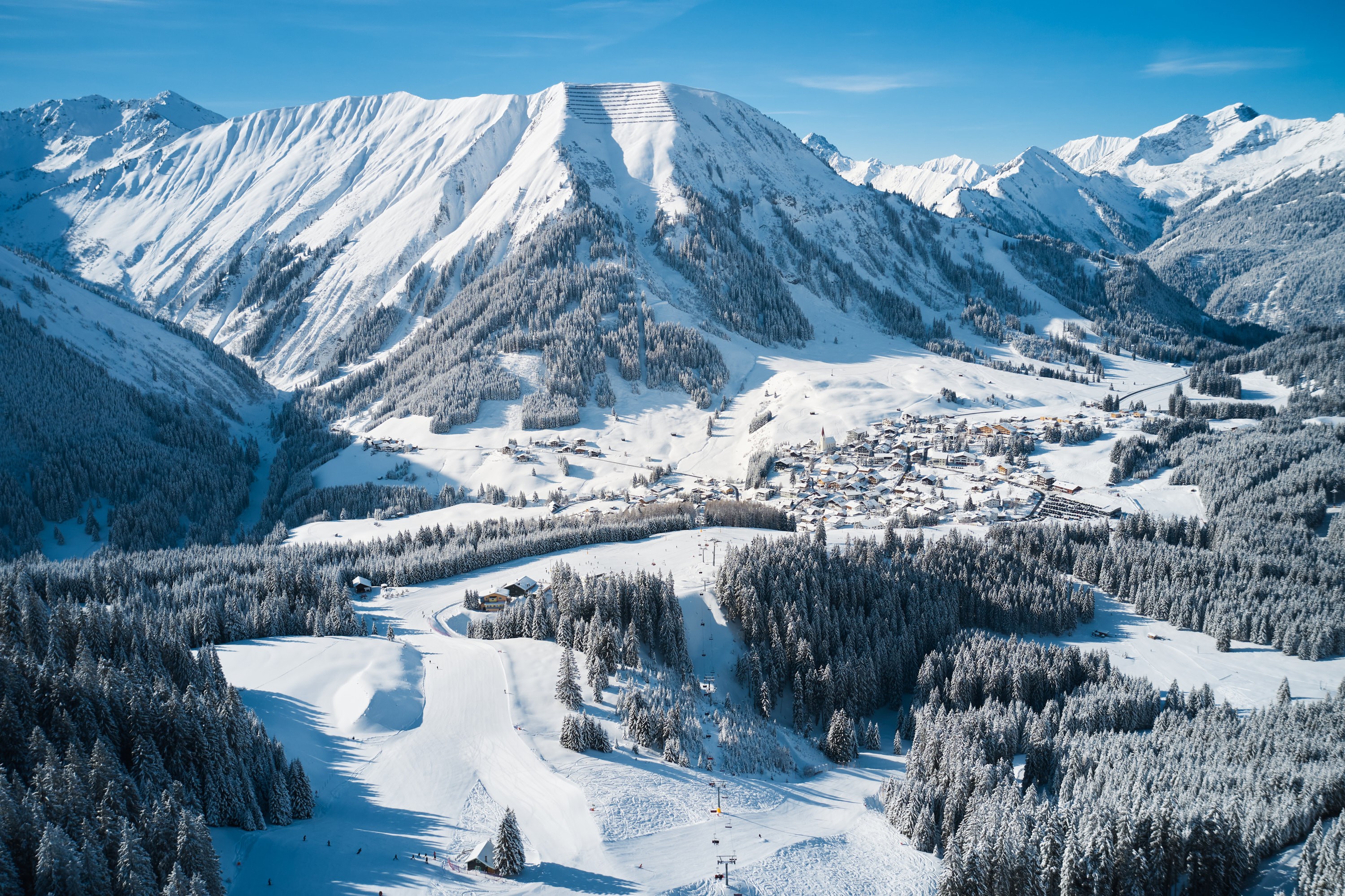 Berwang ski resort in Tirol, Austria - panoramic view of ski slopes and mountain facilities