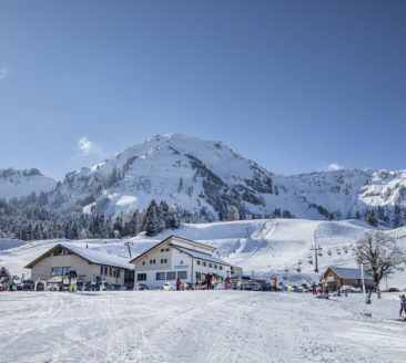 Bezau Sondernach ski resort in Vorarlberg, Austria - panoramic view of ski slopes and mountain facilities