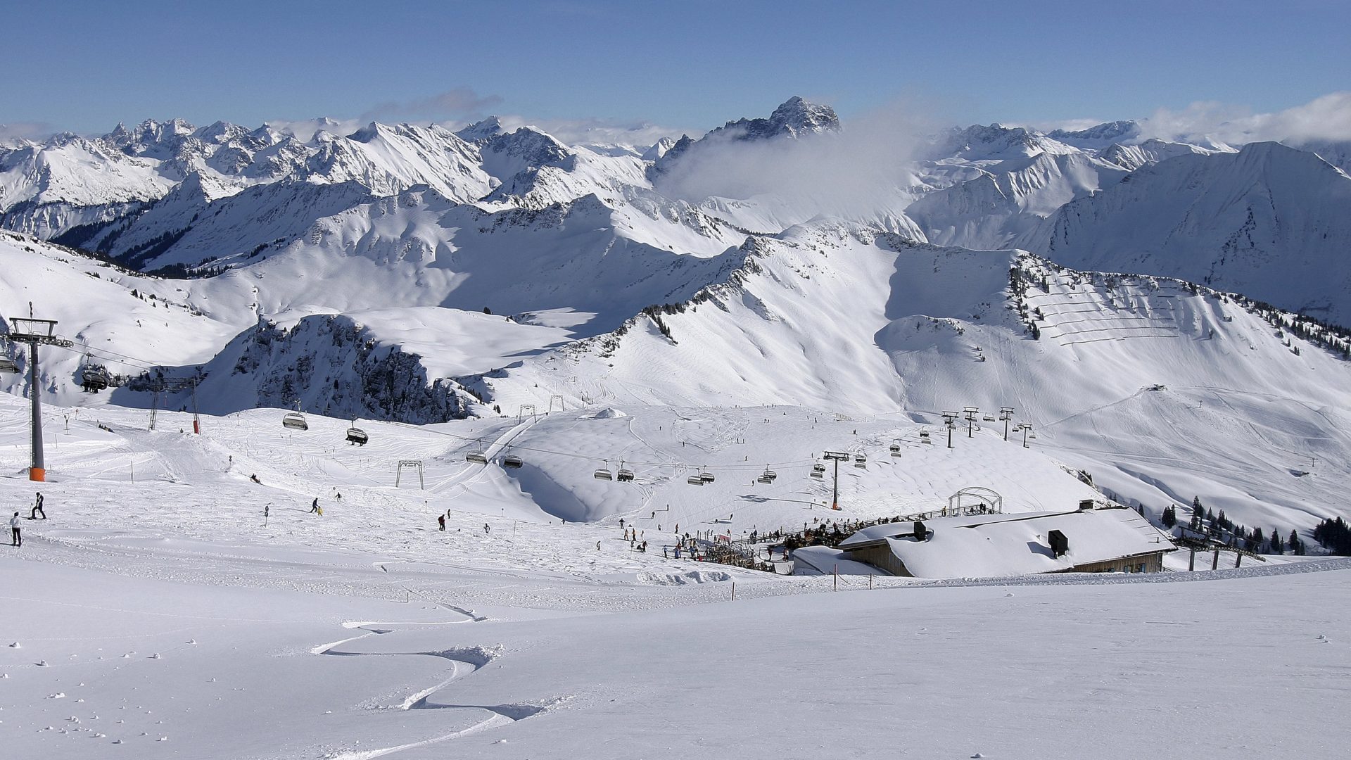 Diedamskopf ski resort in Vorarlberg, Austria - panoramic view of ski slopes and mountain facilities