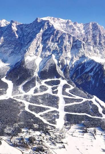 Ehrwald Wetterstein ski resort in Tirol, Austria - panoramic view of ski slopes and mountain facilities