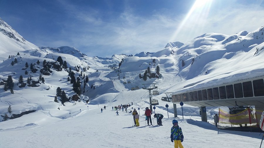 Fendels ski resort in Tirol, Austria - panoramic view of ski slopes and mountain facilities