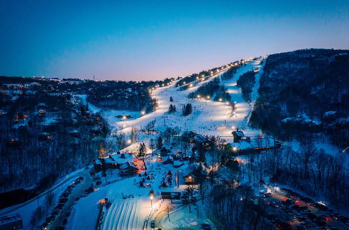 Beech Mountain Resort ski resort in Beech Mountain, North Carolina, USA - panoramic view of ski slopes and mountain facilities