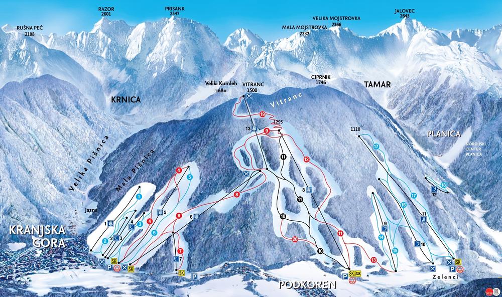 Macesnovec ski resort in Upper Carniola, Slovenia - panoramic view of ski slopes and mountain facilities