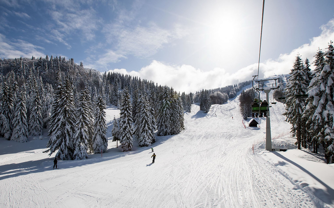 Soriška Planina ski resort in Upper Carniola, Slovenia - panoramic view of ski slopes and mountain facilities
