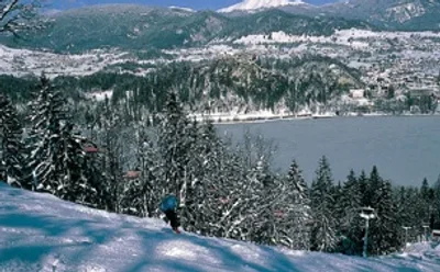 Straža Bled ski resort in Upper Carniola, Slovenia - panoramic view of ski slopes and mountain facilities