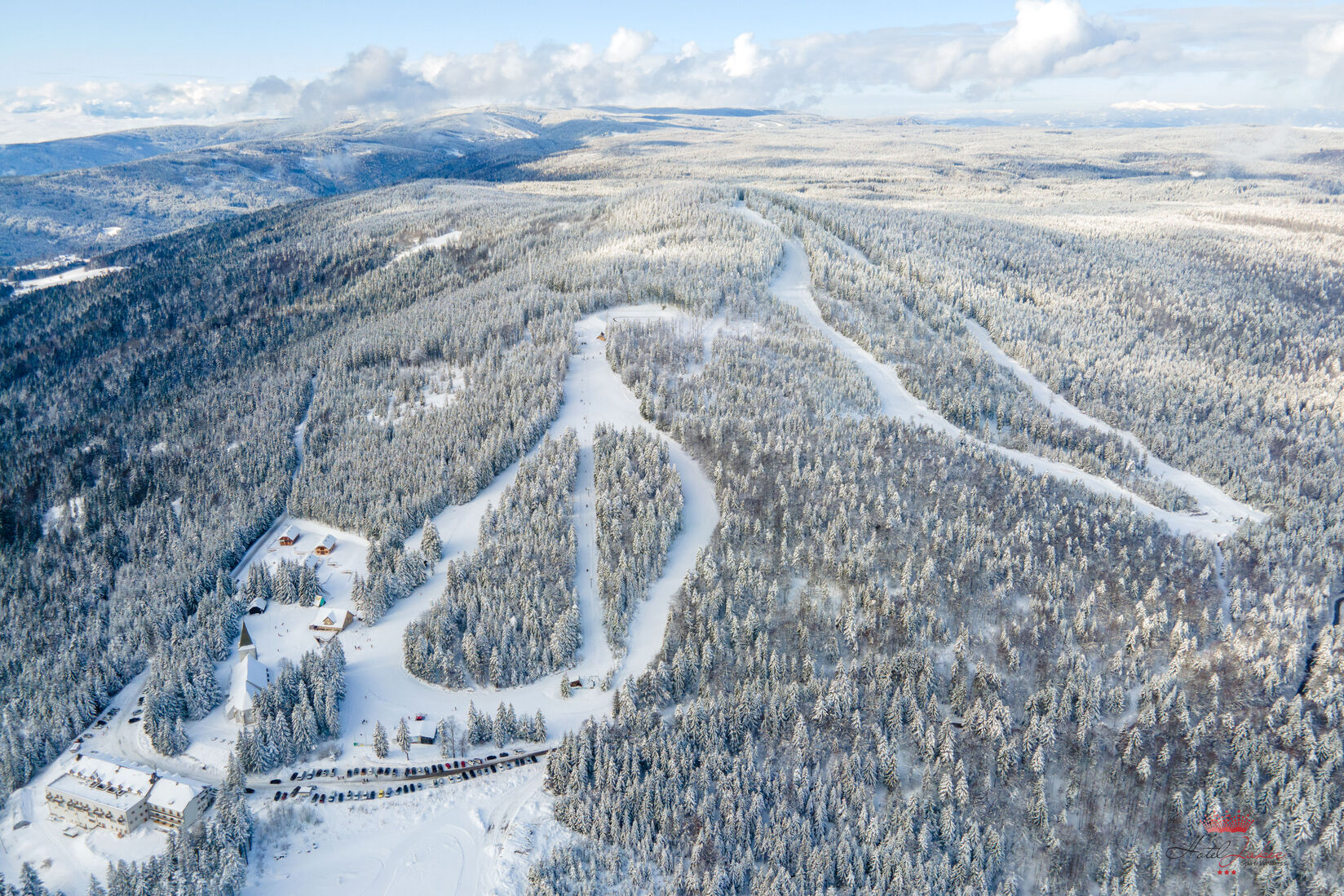Trije Kralji ski resort in Styria, Slovenia - panoramic view of ski slopes and mountain facilities