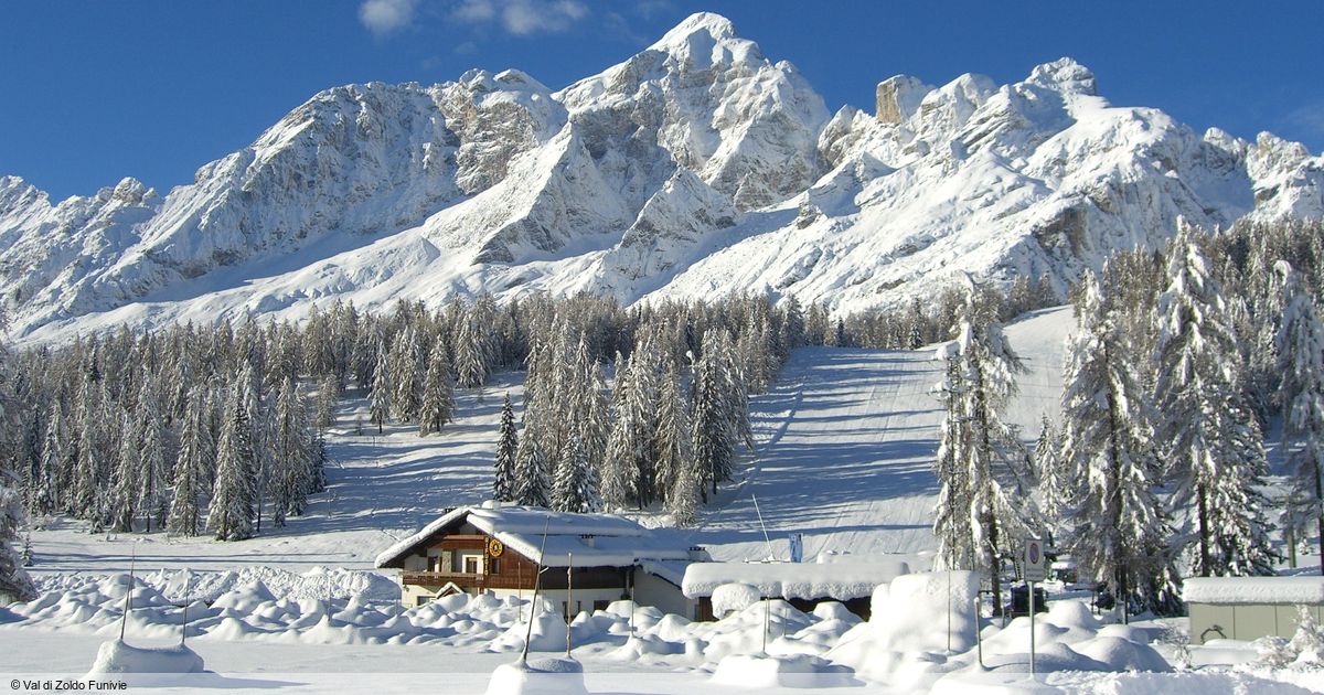 Alleghe ski resort in Veneto, Italy - panoramic view of ski slopes and mountain facilities